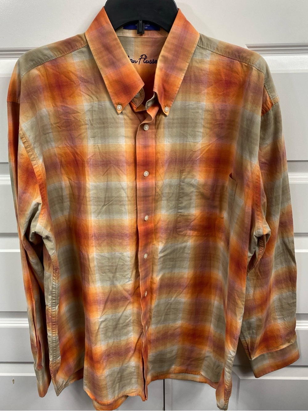 Alan Flusser Plaid Large Long Sleeve Button Down Shirt 100% Cotton XL Orange